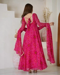 Azorte Fashion Designer Chiffon Bandhej Anarkali Set – 8m Flair, Lace Yoke & Churidar Sleeves - Brick Red, M (38)