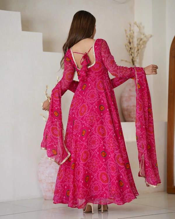 Azorte Fashion Designer Chiffon Bandhej Anarkali Set – 8m Flair, Lace Yoke & Churidar Sleeves - Brick Red, M (38)