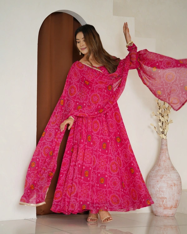 Azorte Fashion Designer Chiffon Bandhej Anarkali Set – 8m Flair, Lace Yoke & Churidar Sleeves - Brick Red, M (38)