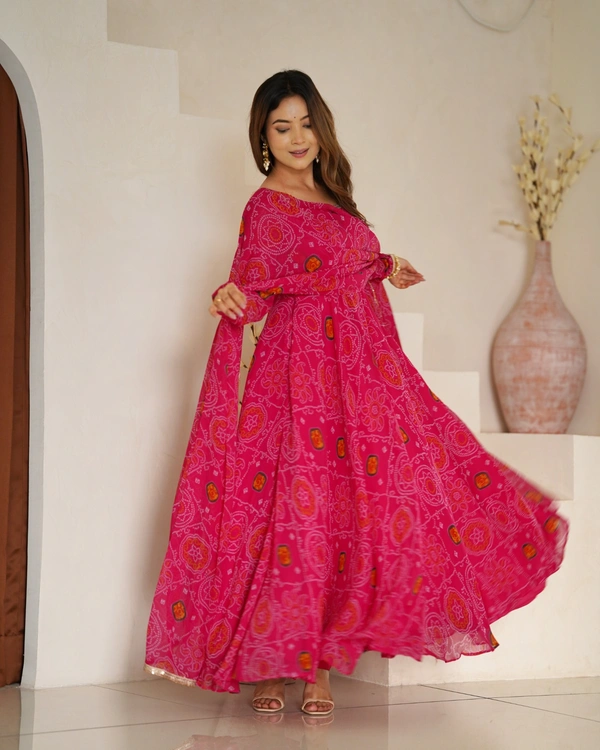 Azorte Fashion Designer Chiffon Bandhej Anarkali Set – 8m Flair, Lace Yoke & Churidar Sleeves - Brick Red, M (38)