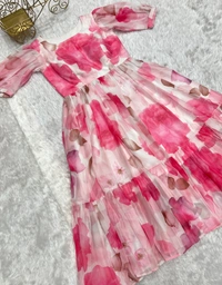 Azorte Fashion Buy Elegant Organza Silk Floral Print One-Piece Dress – Summer Collection | Azorte Fashion - S (36)