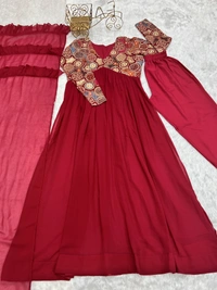 Azorte Fashion Naira Cut Embroidered Kurta Set – Fox Georgette, Frill Dupatta & Pant – Ready to Wear - XS (34)