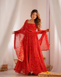 Azorte Fashion Designer Chiffon Bandhej Anarkali Set – 8m Flair, Lace Yoke & Churidar Sleeves - Milano Red, XS (34)