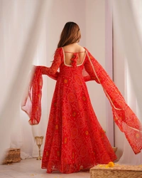 Azorte Fashion Designer Chiffon Bandhej Anarkali Set – 8m Flair, Lace Yoke & Churidar Sleeves - Milano Red, XS (34)