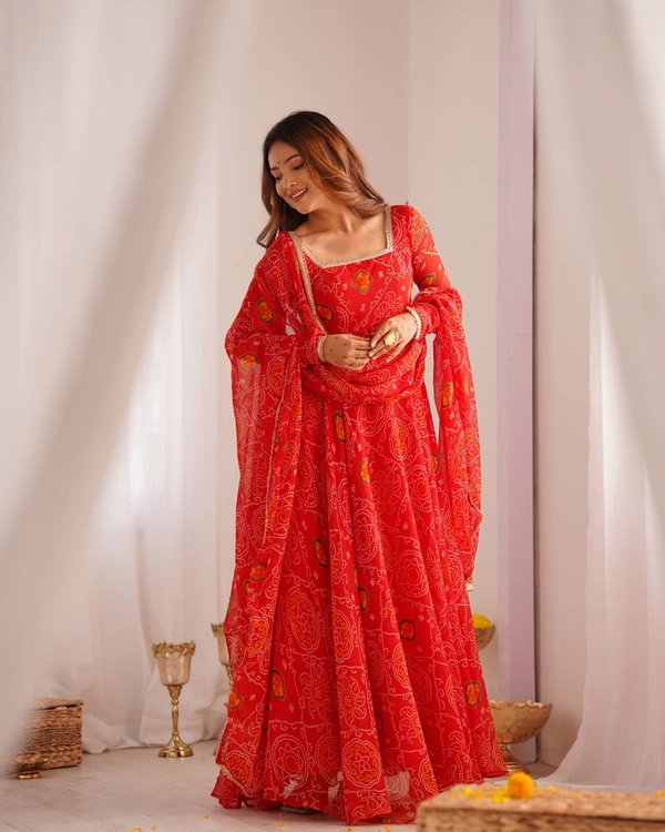 Azorte Fashion Designer Chiffon Bandhej Anarkali Set – 8m Flair, Lace Yoke & Churidar Sleeves - Milano Red, XS (34)