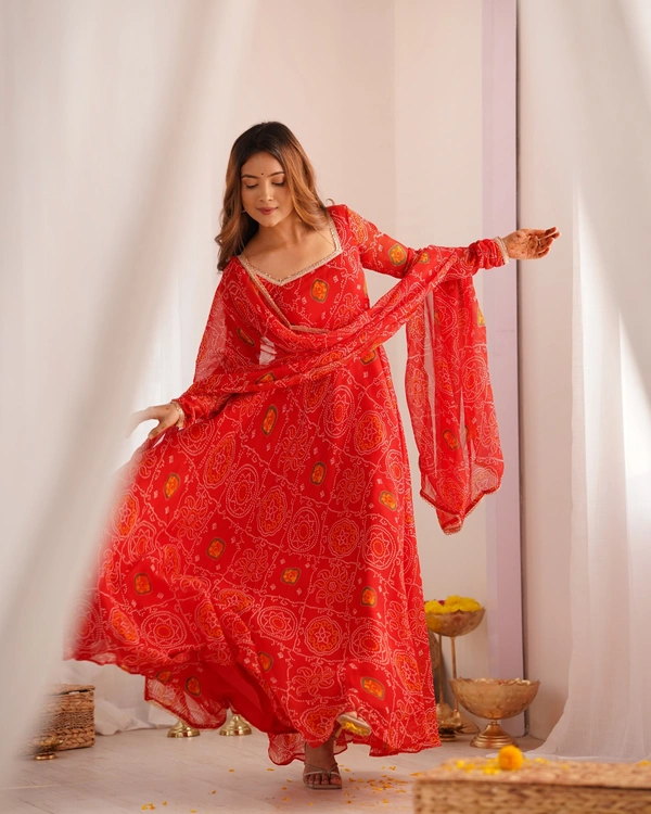 Azorte Fashion Designer Chiffon Bandhej Anarkali Set – 8m Flair, Lace Yoke & Churidar Sleeves - Milano Red, XS (34)