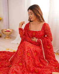 Azorte Fashion Designer Chiffon Bandhej Anarkali Set – 8m Flair, Lace Yoke & Churidar Sleeves - Milano Red, XS (34)