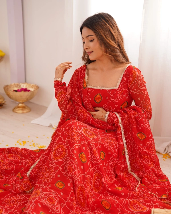 Azorte Fashion Designer Chiffon Bandhej Anarkali Set – 8m Flair, Lace Yoke & Churidar Sleeves - Milano Red, XS (34)