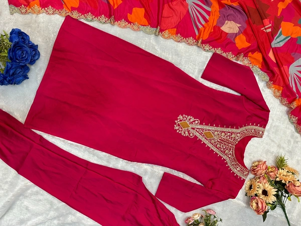 Azorte Fashion Luxury Roman Silk Embroidered Kurti Set – Jacquard Digital Print Dupatta - M (38)