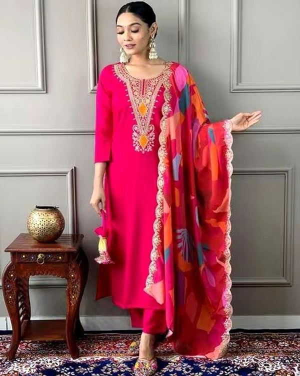 Azorte Fashion Luxury Roman Silk Embroidered Kurti Set – Jacquard Digital Print Dupatta - M (38)