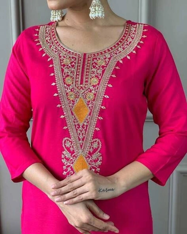 Azorte Fashion Luxury Roman Silk Embroidered Kurti Set – Jacquard Digital Print Dupatta - M (38)