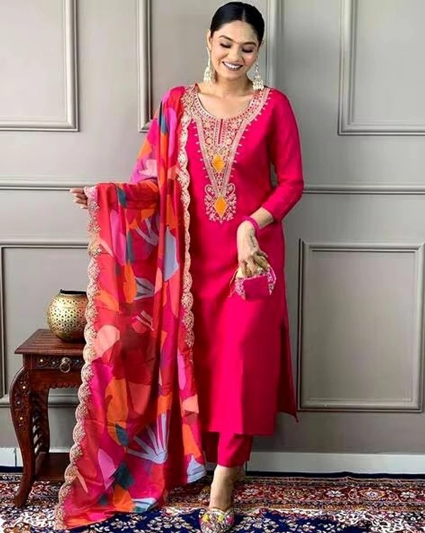Azorte Fashion Luxury Roman Silk Embroidered Kurti Set – Jacquard Digital Print Dupatta - M (38)