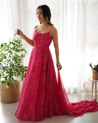 Azorte Fashion Buy Designer Chiffon Bandhej Flair Gown Set – Fully Stitched & Ready to Wear - Pink, L (40)