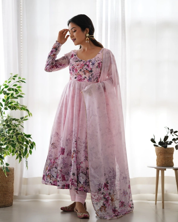 Azorte Fashion Elegant Organza Silk Kali-Cut Anarkali Set with Dupatta & Pant – Festive & Wedding Wear - Lily, S (36)