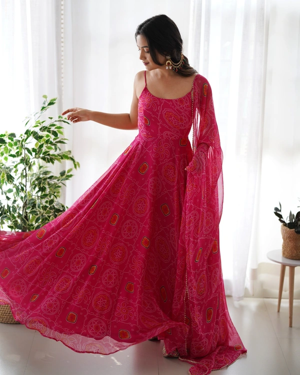 Azorte Fashion Buy Designer Chiffon Bandhej Flair Gown Set – Fully Stitched & Ready to Wear - Pink, L (40)