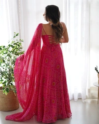 Azorte Fashion Buy Designer Chiffon Bandhej Flair Gown Set – Fully Stitched & Ready to Wear - Pink, L (40)