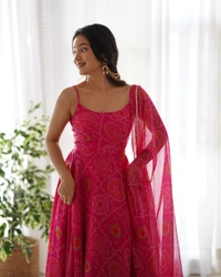 Azorte Fashion Buy Designer Chiffon Bandhej Flair Gown Set – Fully Stitched & Ready to Wear - Pink, L (40)
