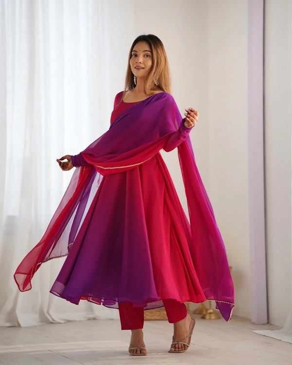 Azorte Fashion Trendy Soft Fox Georgette Padded Anarkali Set – 6.5m Flair, Dupatta & Pants - Dark Pink, XS (34)