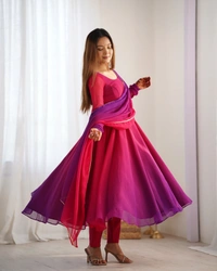 Azorte Fashion Trendy Soft Fox Georgette Padded Anarkali Set – 6.5m Flair, Dupatta & Pants - Dark Pink, XS (34)