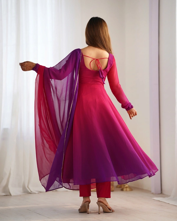 Azorte Fashion Trendy Soft Fox Georgette Padded Anarkali Set – 6.5m Flair, Dupatta & Pants - Dark Pink, XS (34)