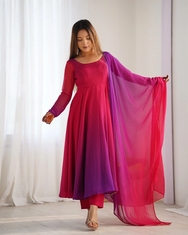 Azorte Fashion Trendy Soft Fox Georgette Padded Anarkali Set – 6.5m Flair, Dupatta & Pants - Dark Pink, XS (34)
