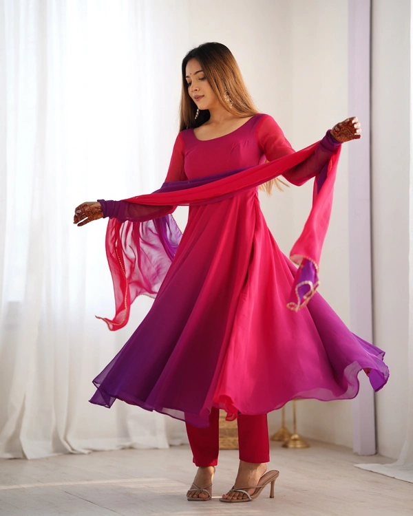 Azorte Fashion Trendy Soft Fox Georgette Padded Anarkali Set – 6.5m Flair, Dupatta & Pants - Dark Pink, XS (34)