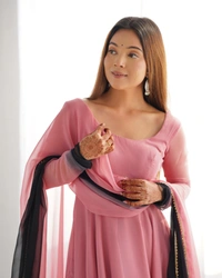 Azorte Fashion Trendy Soft Fox Georgette Padded Anarkali Set – 6.5m Flair, Dupatta & Pants - Onion Pink, XXL (44)