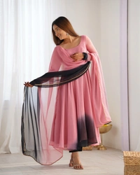 Azorte Fashion Trendy Soft Fox Georgette Padded Anarkali Set – 6.5m Flair, Dupatta & Pants - Onion Pink, XXL (44)