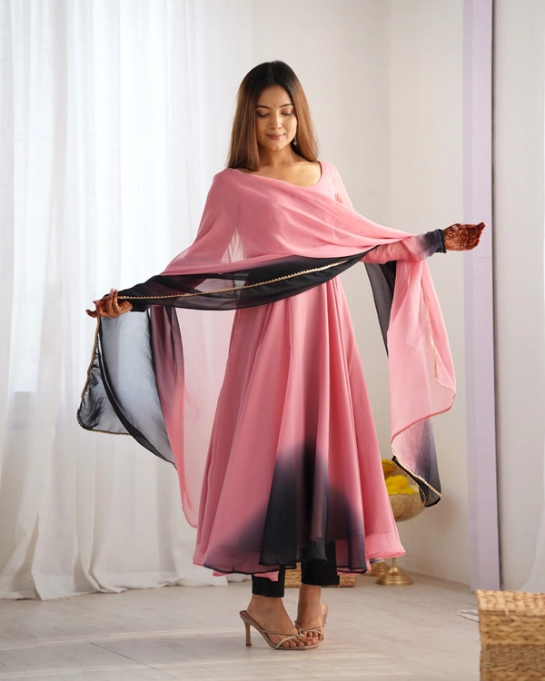 Azorte Fashion Trendy Soft Fox Georgette Padded Anarkali Set – 6.5m Flair, Dupatta & Pants - Onion Pink, XXL (44)