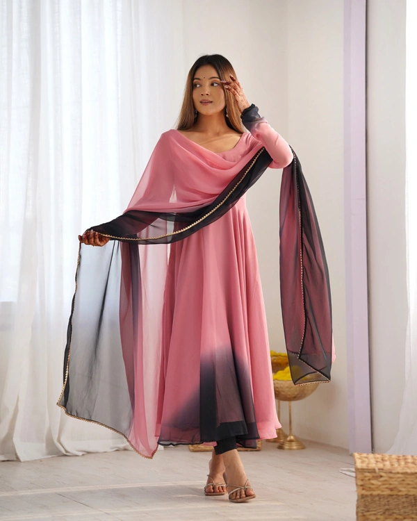Azorte Fashion Trendy Soft Fox Georgette Padded Anarkali Set – 6.5m Flair, Dupatta & Pants - Onion Pink, XXL (44)