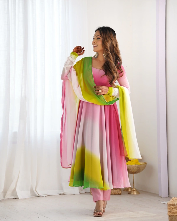 Azorte Fashion Trendy Soft Fox Georgette Padded Anarkali Set – 6.5m Flair, Dupatta & Pants - Multi Color, XS (34)