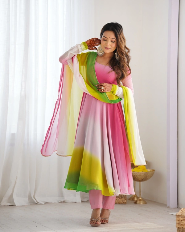 Azorte Fashion Trendy Soft Fox Georgette Padded Anarkali Set – 6.5m Flair, Dupatta & Pants - Multi Color, XS (34)