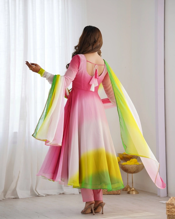 Azorte Fashion Trendy Soft Fox Georgette Padded Anarkali Set – 6.5m Flair, Dupatta & Pants - Multi Color, XS (34)