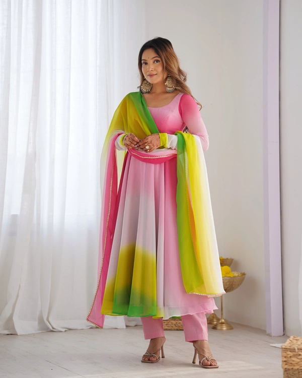 Azorte Fashion Trendy Soft Fox Georgette Padded Anarkali Set – 6.5m Flair, Dupatta & Pants - Multi Color, XS (34)