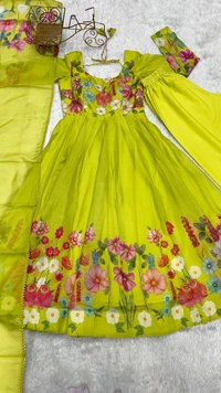 Azorte Fashion Buy Elegant Organza Silk Anarkali Set with Handwork – Dupatta & Pants Included - Green, XS (34)