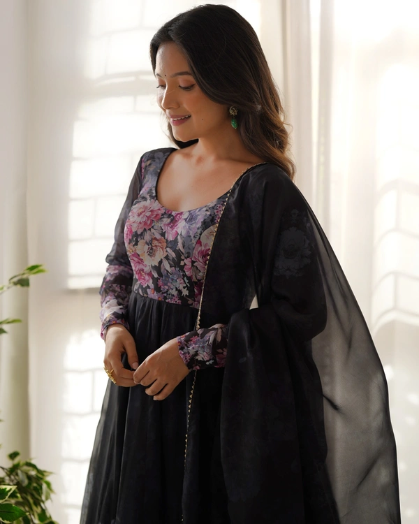 Azorte Fashion Elegant Organza Silk Kali-Cut Anarkali Set with Dupatta & Pant – Festive & Wedding Wear - Black, XL (42)