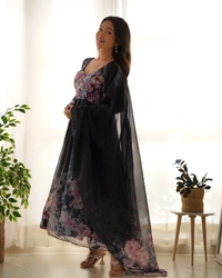 Azorte Fashion Elegant Organza Silk Kali-Cut Anarkali Set with Dupatta & Pant – Festive & Wedding Wear - Black, XL (42)