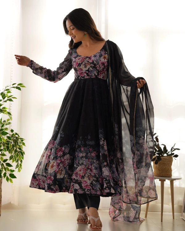 Azorte Fashion Elegant Organza Silk Kali-Cut Anarkali Set with Dupatta & Pant – Festive & Wedding Wear - Black, XL (42)