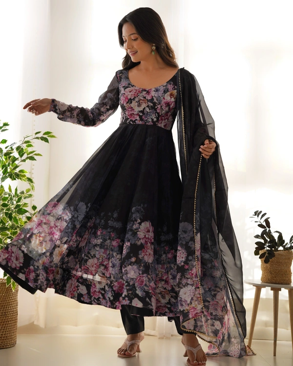 Azorte Fashion Elegant Organza Silk Kali-Cut Anarkali Set with Dupatta & Pant – Festive & Wedding Wear - Black, XL (42)