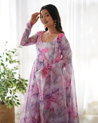 Azorte Fashion Elegant Organza Silk Kali-Cut Anarkali Suit with Gota Patti Dupatta & Pant – Perfect for Festive & Wedding Wear - M (38)