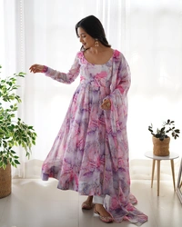 Azorte Fashion Elegant Organza Silk Kali-Cut Anarkali Suit with Gota Patti Dupatta & Pant – Perfect for Festive & Wedding Wear - M (38)