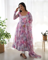 Azorte Fashion Elegant Organza Silk Kali-Cut Anarkali Suit with Gota Patti Dupatta & Pant – Perfect for Festive & Wedding Wear - M (38)