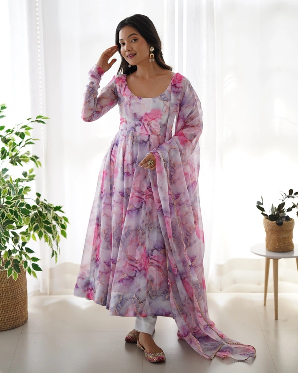 Azorte Fashion Elegant Organza Silk Kali-Cut Anarkali Suit with Gota Patti Dupatta & Pant – Perfect for Festive & Wedding Wear - M (38)