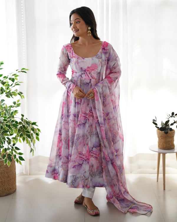 Azorte Fashion Elegant Organza Silk Kali-Cut Anarkali Suit with Gota Patti Dupatta & Pant – Perfect for Festive & Wedding Wear - M (38)