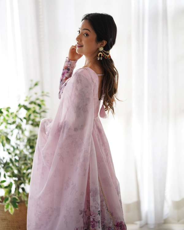 Azorte Fashion Elegant Organza Silk Kali-Cut Anarkali Set with Dupatta & Pant – Festive & Wedding Wear - Lily, S (36)