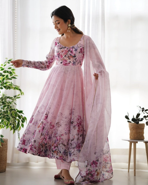 Azorte Fashion Elegant Organza Silk Kali-Cut Anarkali Set with Dupatta & Pant – Festive & Wedding Wear - Lily, S (36)
