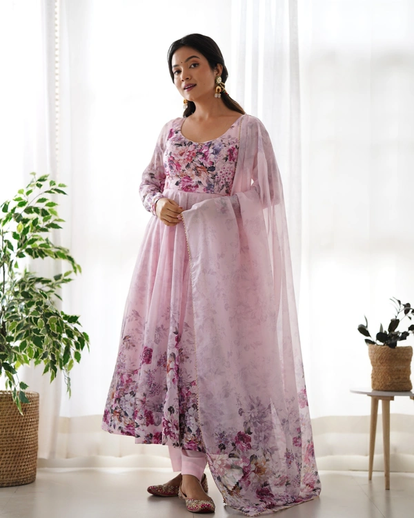 Azorte Fashion Elegant Organza Silk Kali-Cut Anarkali Set with Dupatta & Pant – Festive & Wedding Wear - Lily, S (36)