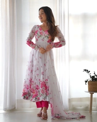 Azorte Fashion Organza Silk Anarkali Gown – 4m Flair, Dupatta & Pant – Ready to Wear - XXL (44)