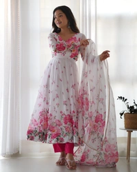 Azorte Fashion Organza Silk Anarkali Gown – 4m Flair, Dupatta & Pant – Ready to Wear - XXL (44)