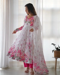 Azorte Fashion Organza Silk Anarkali Gown – 4m Flair, Dupatta & Pant – Ready to Wear - XXL (44)